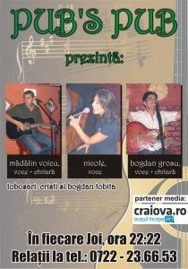 cantare live
joi, 11 martie 2010 

pub's e joi, e cantare live in pub's

 grosu - chitara si - voicu